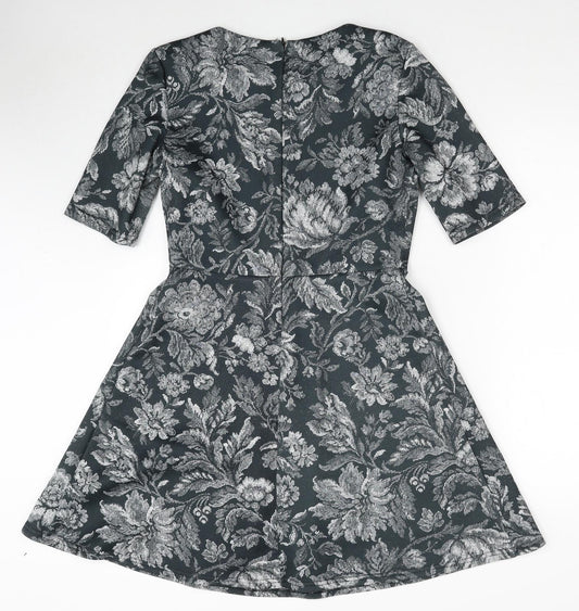 Warehouse Womens Green Floral Polyester A-Line Size 12 Round Neck Zip