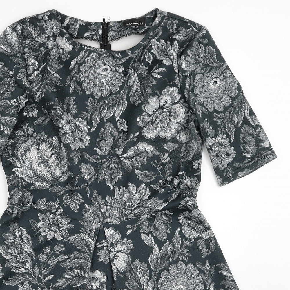 Warehouse Womens Green Floral Polyester A-Line Size 12 Round Neck Zip