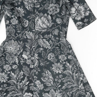 Warehouse Womens Green Floral Polyester A-Line Size 12 Round Neck Zip