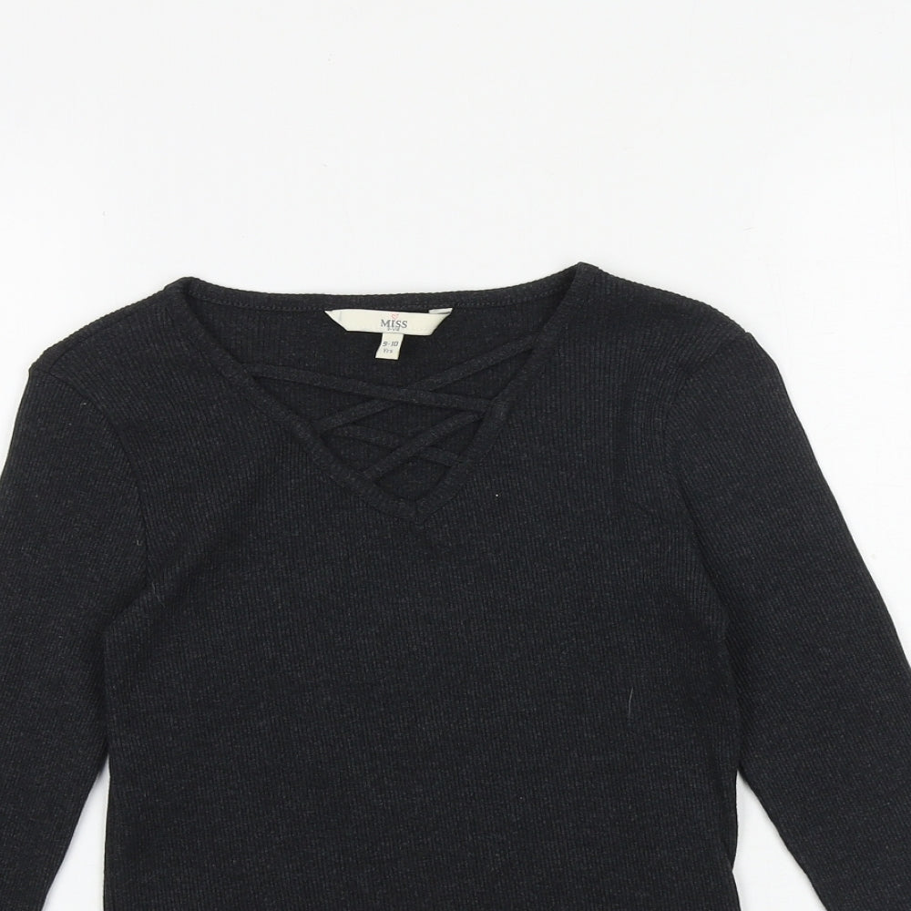 Miss Evie Girls Grey Cotton Basic T-Shirt Size 9-10 Years V-Neck Pullover