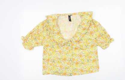INFLUENCE Womens Yellow Floral 100% Cotton Basic Button-Up Size 10 Scoop Neck