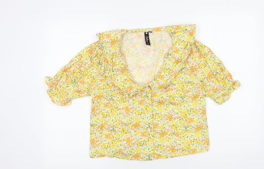 INFLUENCE Womens Yellow Floral 100% Cotton Basic Button-Up Size 10 Scoop Neck