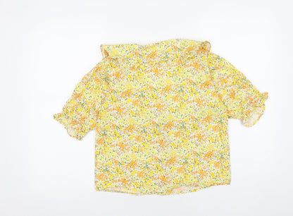 INFLUENCE Womens Yellow Floral 100% Cotton Basic Button-Up Size 10 Scoop Neck