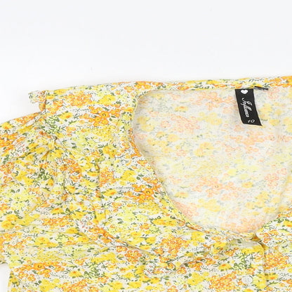 INFLUENCE Womens Yellow Floral 100% Cotton Basic Button-Up Size 10 Scoop Neck