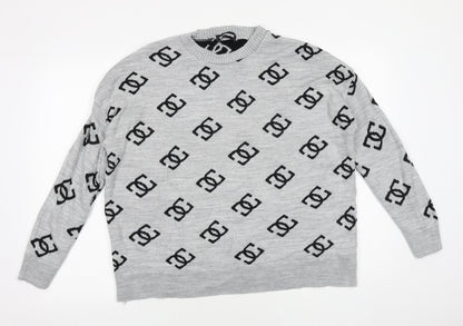 Missy Empire Womens Grey Round Neck Geometric Acrylic Pullover Jumper Size 8