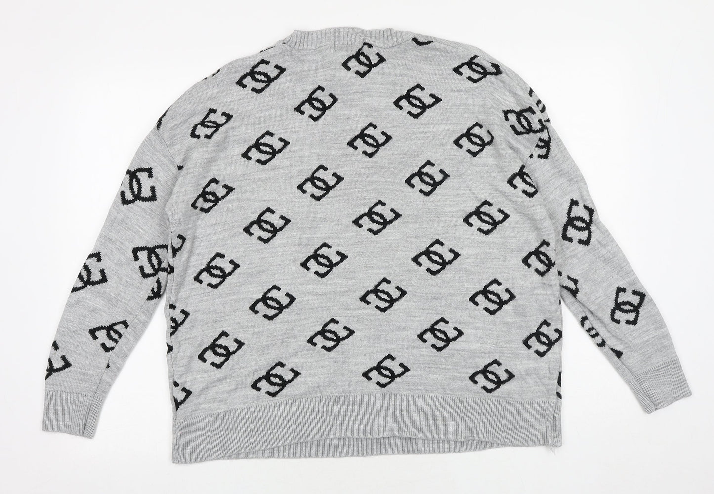 Missy Empire Womens Grey Round Neck Geometric Acrylic Pullover Jumper Size 8