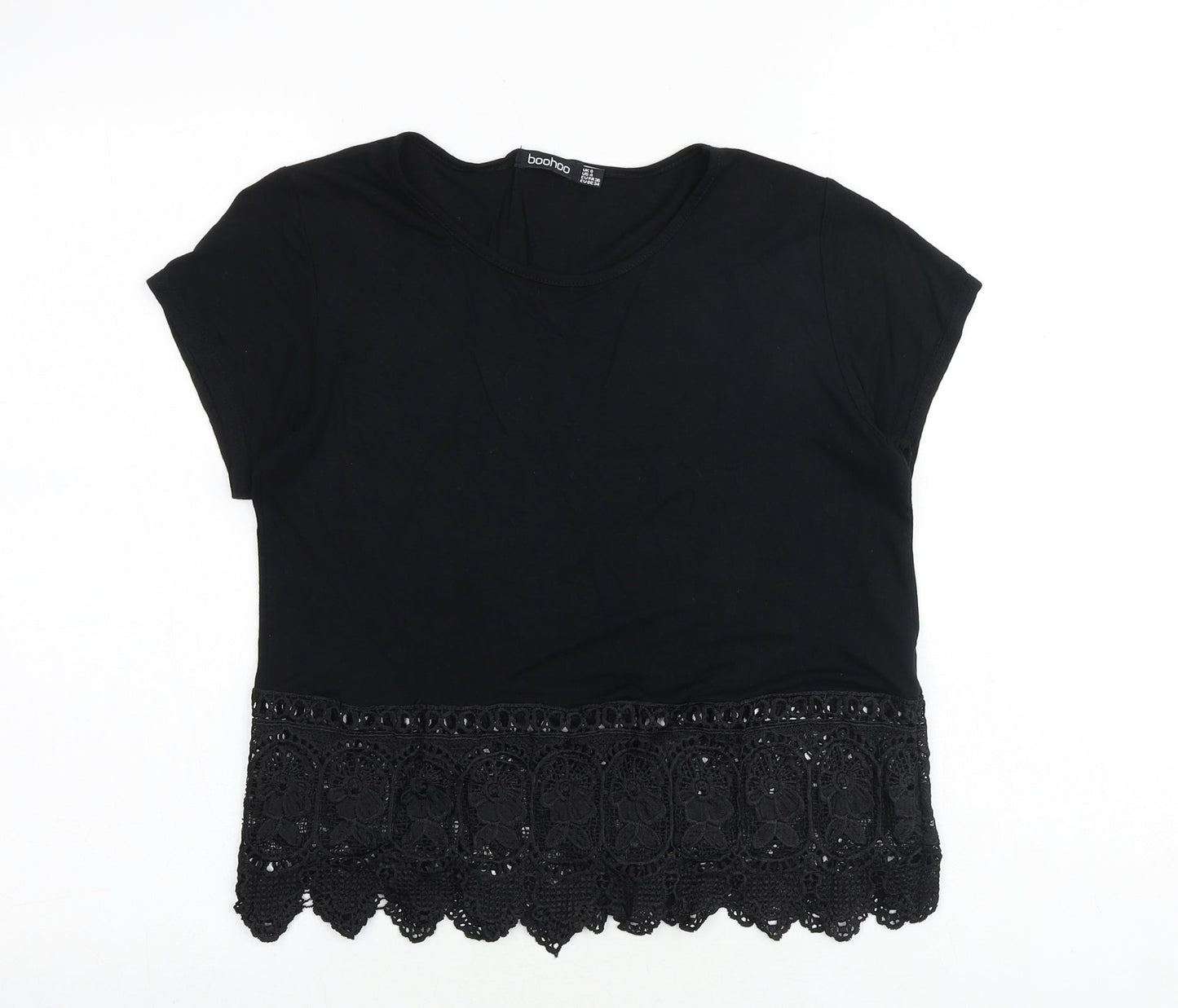 Boohoo Womens Black Viscose Basic T-Shirt Size 8 Round Neck - Crochet Hem