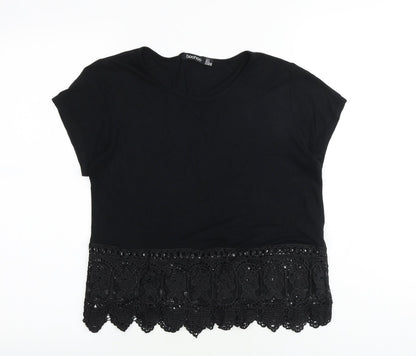 Boohoo Womens Black Viscose Basic T-Shirt Size 8 Round Neck - Crochet Hem
