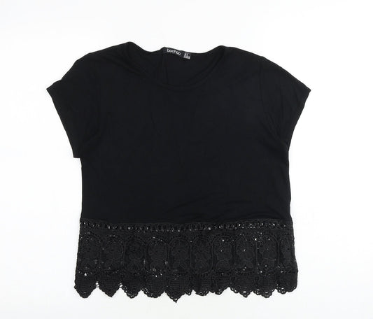 Boohoo Womens Black Viscose Basic T-Shirt Size 8 Round Neck - Crochet Hem