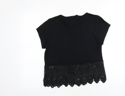 Boohoo Womens Black Viscose Basic T-Shirt Size 8 Round Neck - Crochet Hem