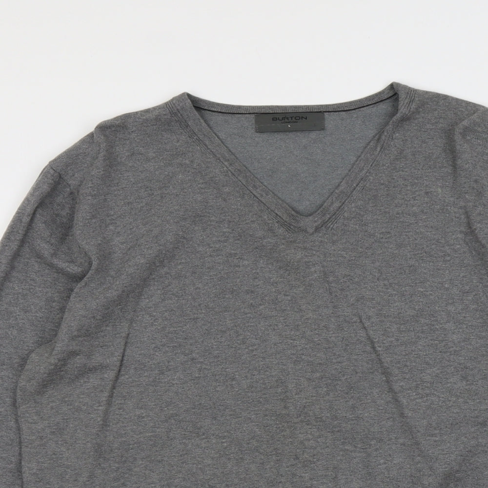 Burton Mens Grey V-Neck Cotton Pullover Jumper Size L Long Sleeve