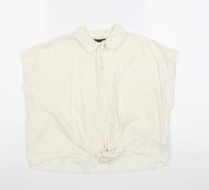 Primark Womens Ivory 100% Cotton Basic Button-Up Size 8 Collared - Tie Front Broderie Anglaise