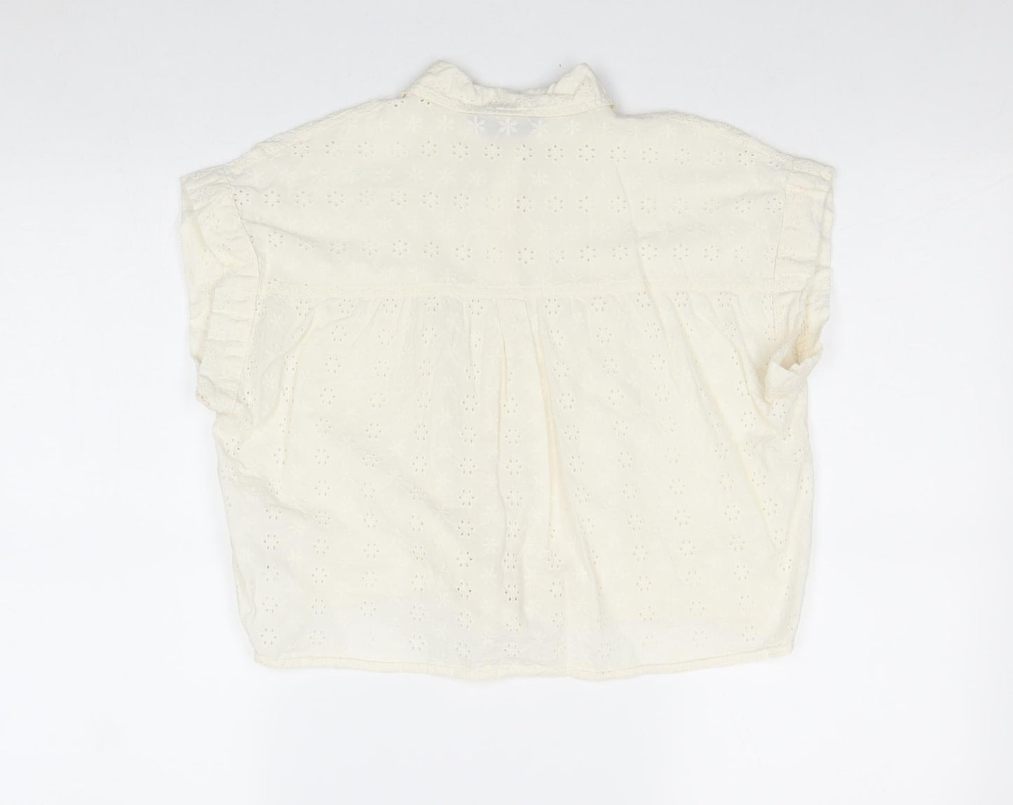 Primark Womens Ivory 100% Cotton Basic Button-Up Size 8 Collared - Tie Front Broderie Anglaise