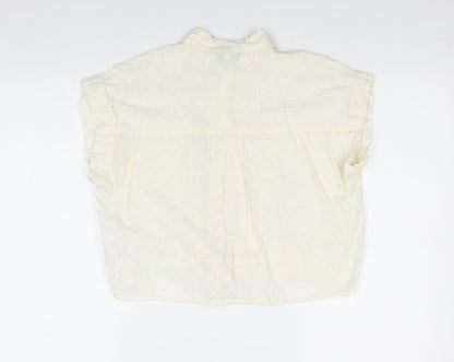 Primark Womens Ivory 100% Cotton Basic Button-Up Size 8 Collared - Tie Front Broderie Anglaise