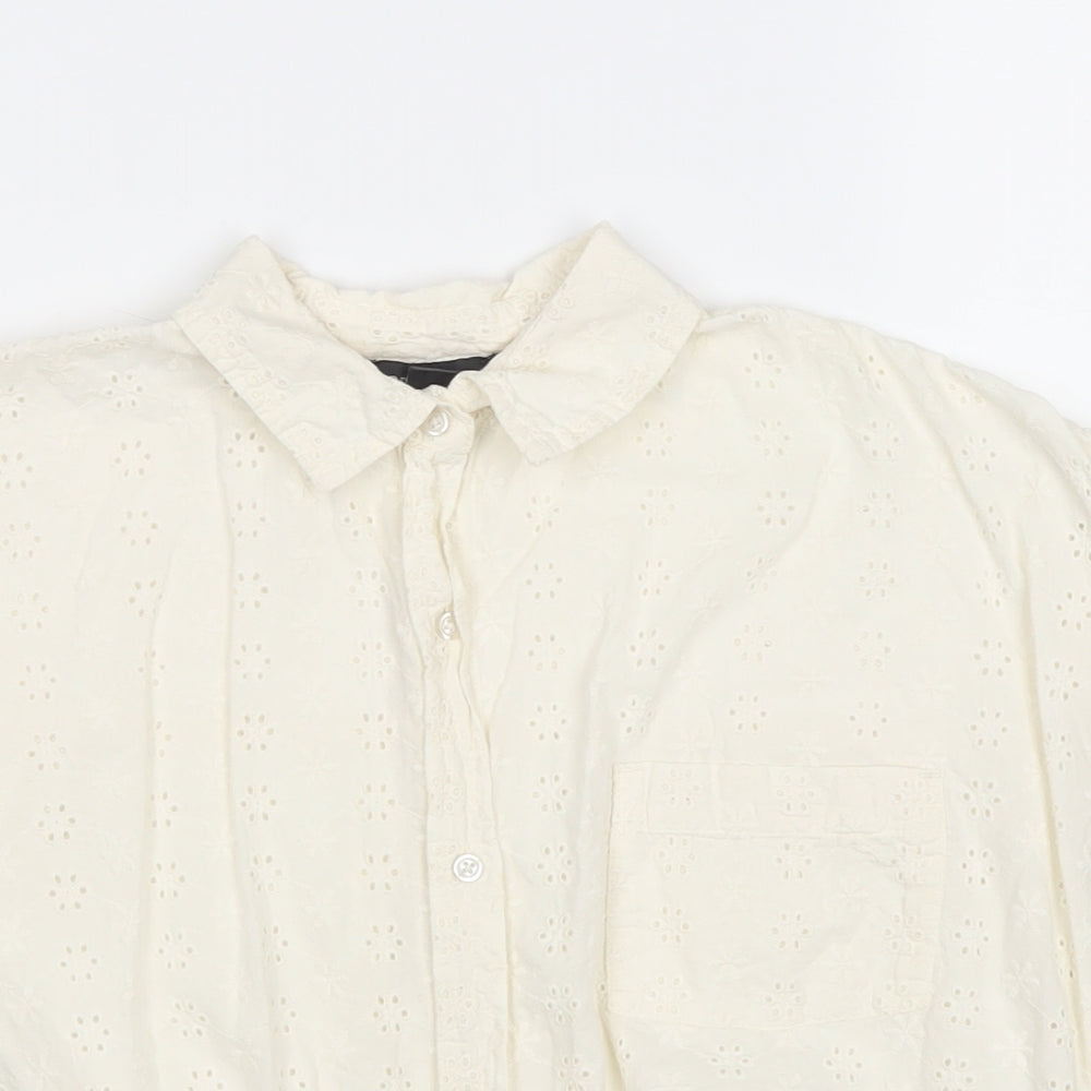 Primark Womens Ivory 100% Cotton Basic Button-Up Size 8 Collared - Tie Front Broderie Anglaise