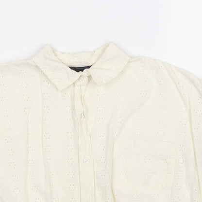 Primark Womens Ivory 100% Cotton Basic Button-Up Size 8 Collared - Tie Front Broderie Anglaise