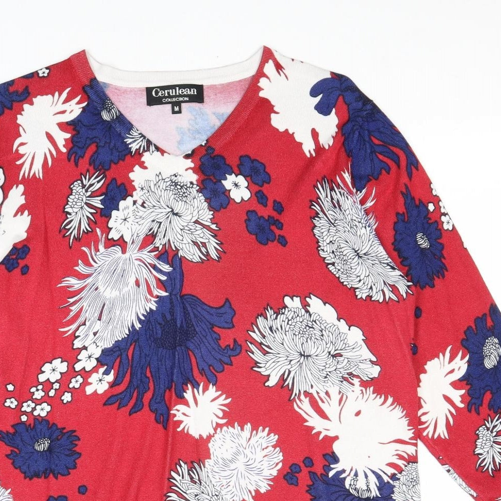 Cerulean Womens Red V-Neck Floral Viscose Pullover Jumper Size M