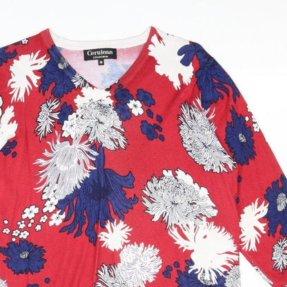 Cerulean Womens Red V-Neck Floral Viscose Pullover Jumper Size M