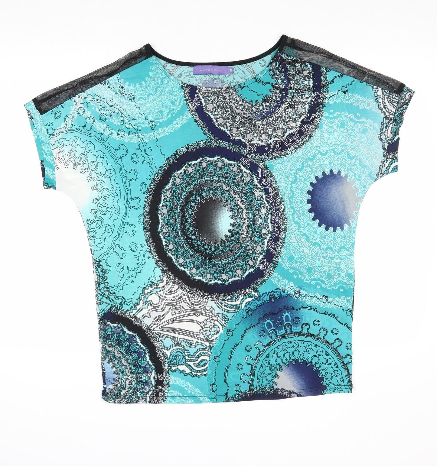 Autonomy Womens Blue Geometric Polyester Basic T-Shirt Size M Boat Neck - Mesh Panels