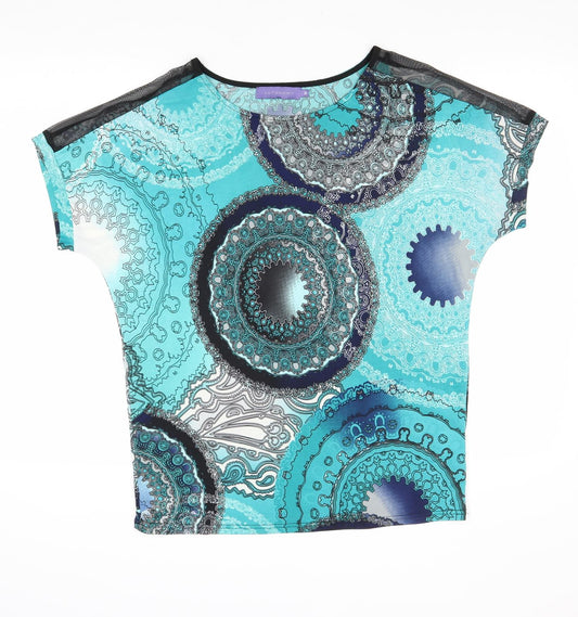 Autonomy Womens Blue Geometric Polyester Basic T-Shirt Size M Boat Neck - Mesh Panels