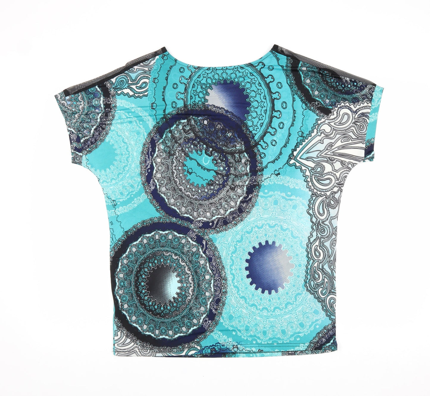 Autonomy Womens Blue Geometric Polyester Basic T-Shirt Size M Boat Neck - Mesh Panels