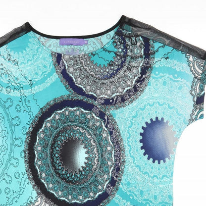 Autonomy Womens Blue Geometric Polyester Basic T-Shirt Size M Boat Neck - Mesh Panels