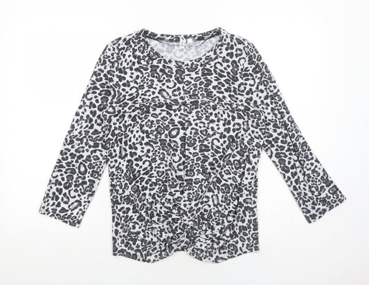Cable & Gauge Womens Grey Animal Print Viscose Basic Blouse Size M Boat Neck - Twist Detail Leopard Print