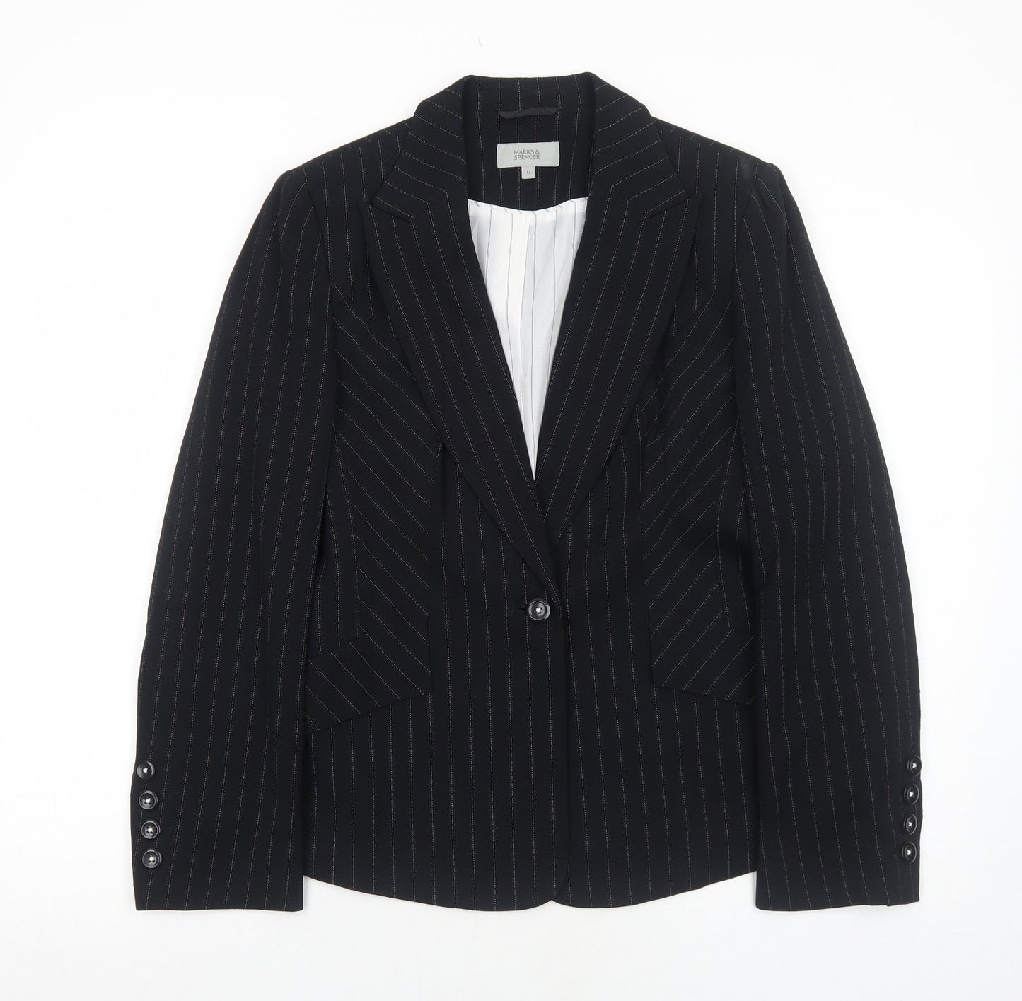 Marks and Spencer Womens Black Striped Polyester Jacket Suit Jacket Size 12