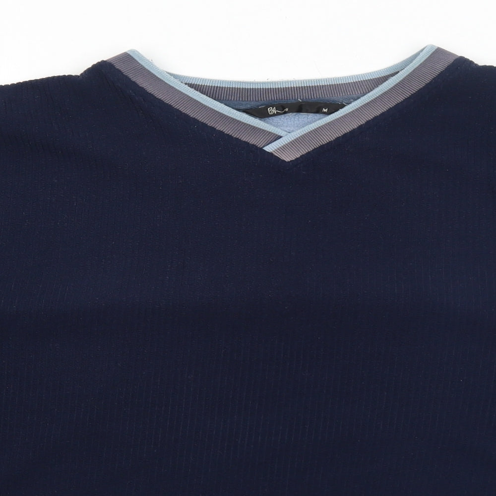 BHS Mens Blue V-Neck Polyester Pullover Jumper Size M Long Sleeve