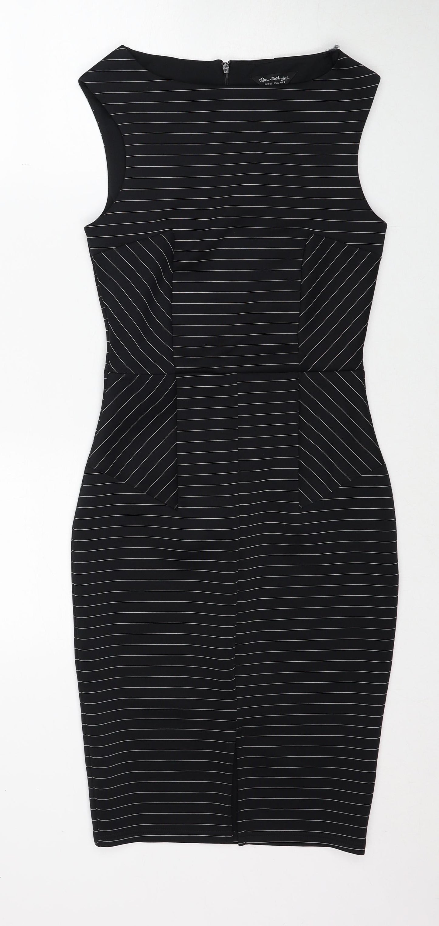 Miss Selfridge Womens Black Striped Polyester Shift Size 8 Round Neck Zip