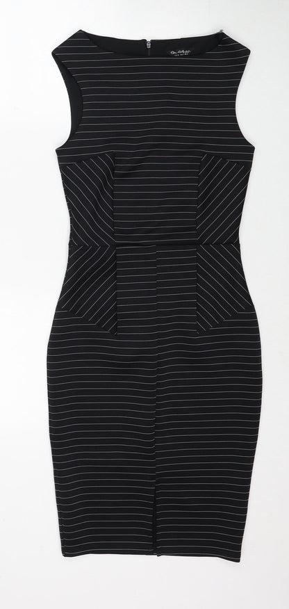 Miss Selfridge Womens Black Striped Polyester Shift Size 8 Round Neck Zip