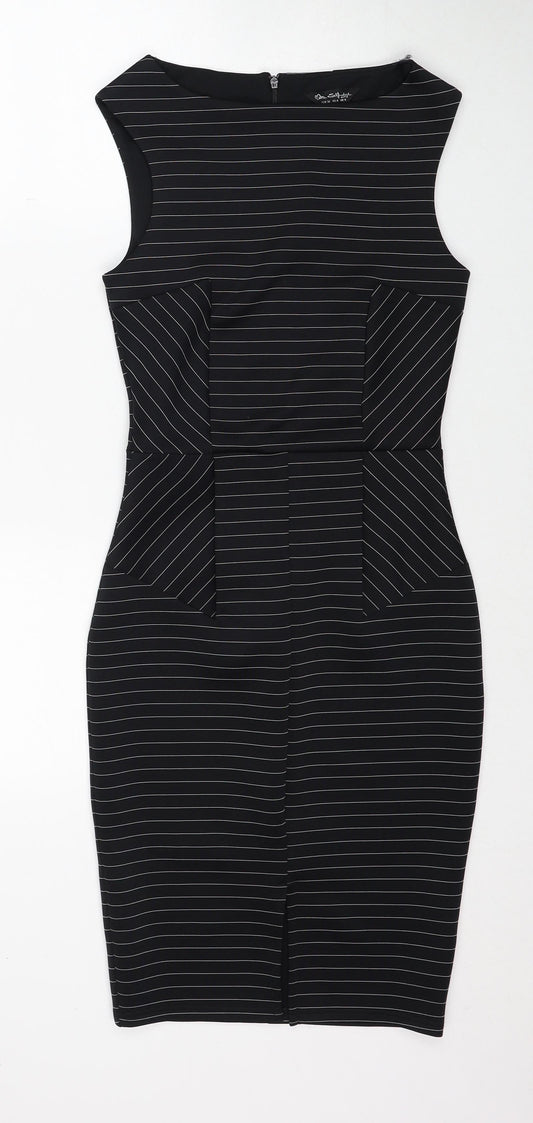 Miss Selfridge Womens Black Striped Polyester Shift Size 8 Round Neck Zip