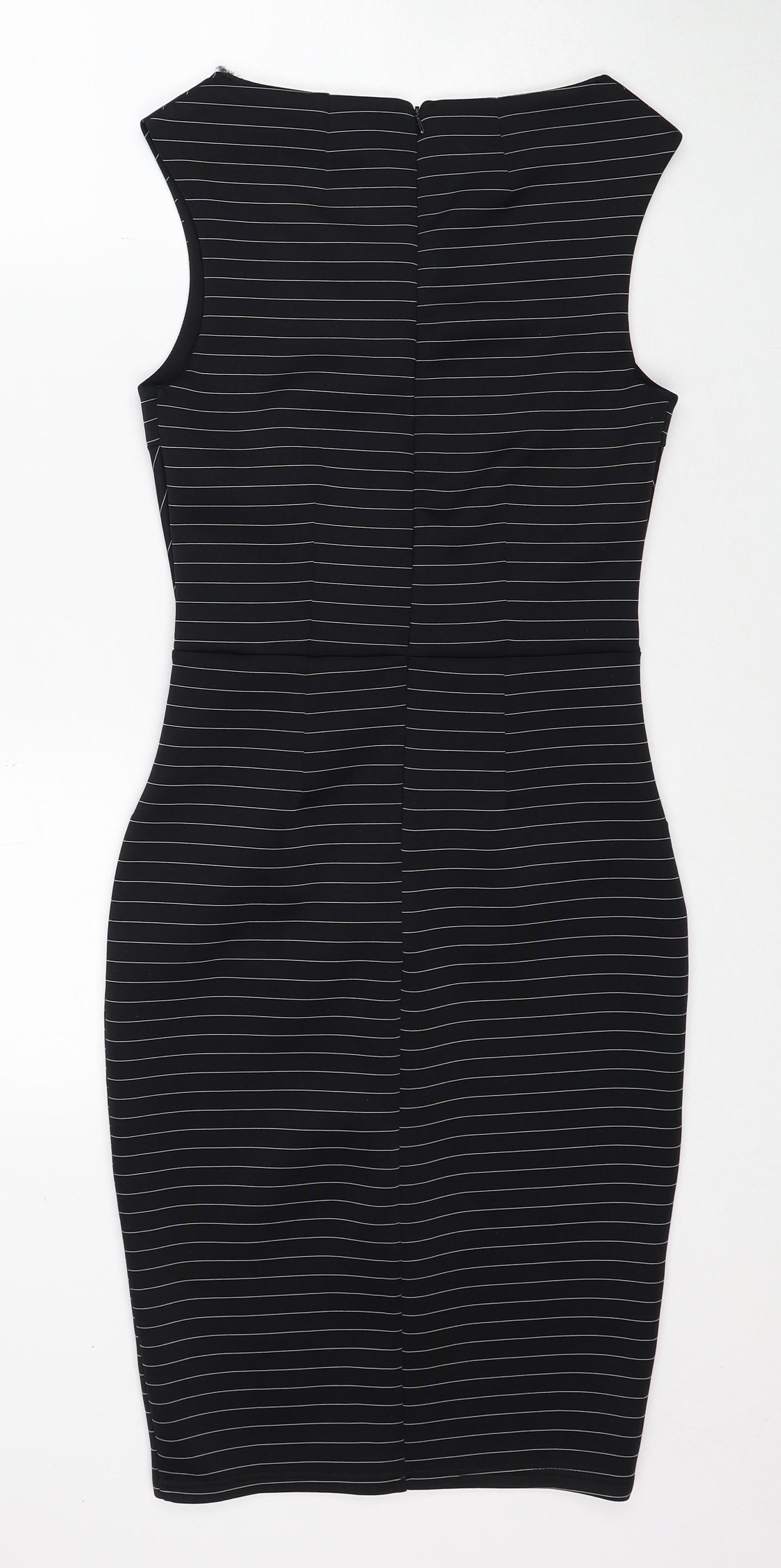 Miss Selfridge Womens Black Striped Polyester Shift Size 8 Round Neck Zip