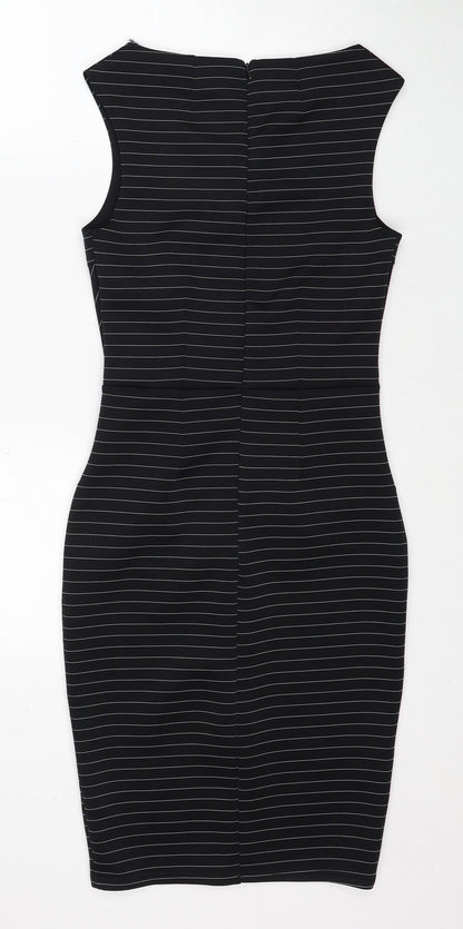 Miss Selfridge Womens Black Striped Polyester Shift Size 8 Round Neck Zip