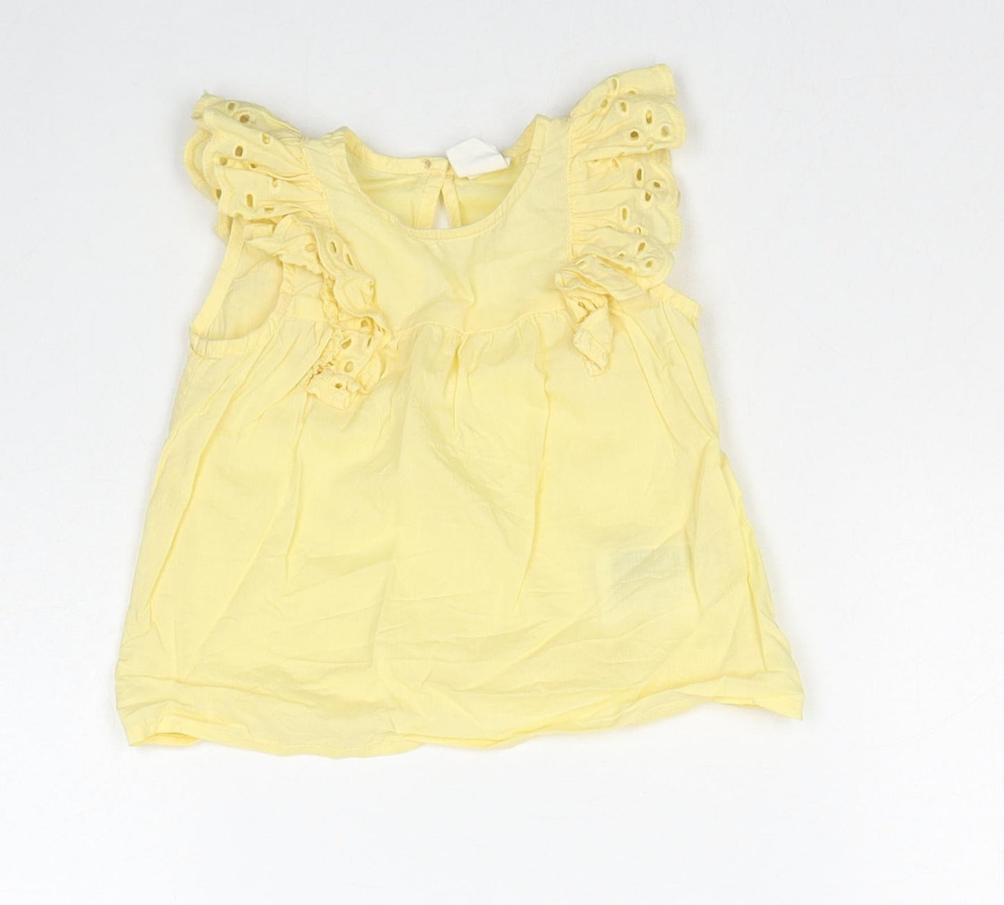 H&M Girls Yellow Cotton Basic Tank Size 6-9 Months Round Neck Button - Broderie Anglaise