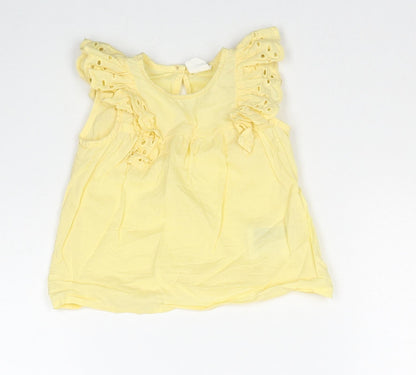 H&M Girls Yellow Cotton Basic Tank Size 6-9 Months Round Neck Button - Broderie Anglaise