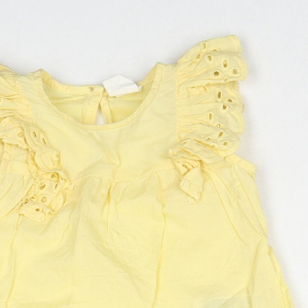 H&M Girls Yellow Cotton Basic Tank Size 6-9 Months Round Neck Button - Broderie Anglaise