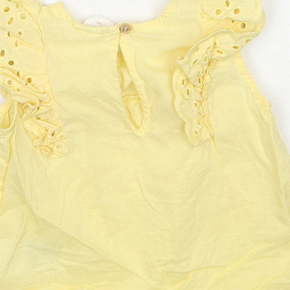 H&M Girls Yellow Cotton Basic Tank Size 6-9 Months Round Neck Button - Broderie Anglaise