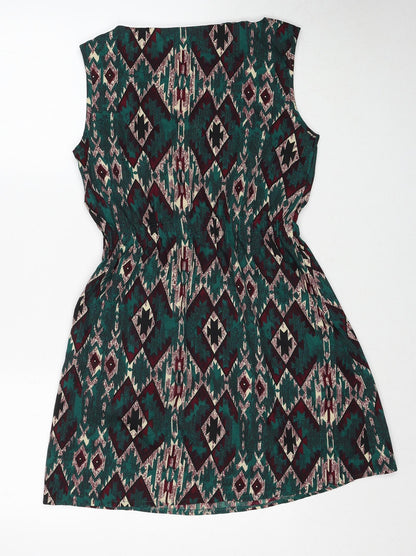 Mela London Womens Green Geometric Polyester A-Line Size 8 Round Neck Zip