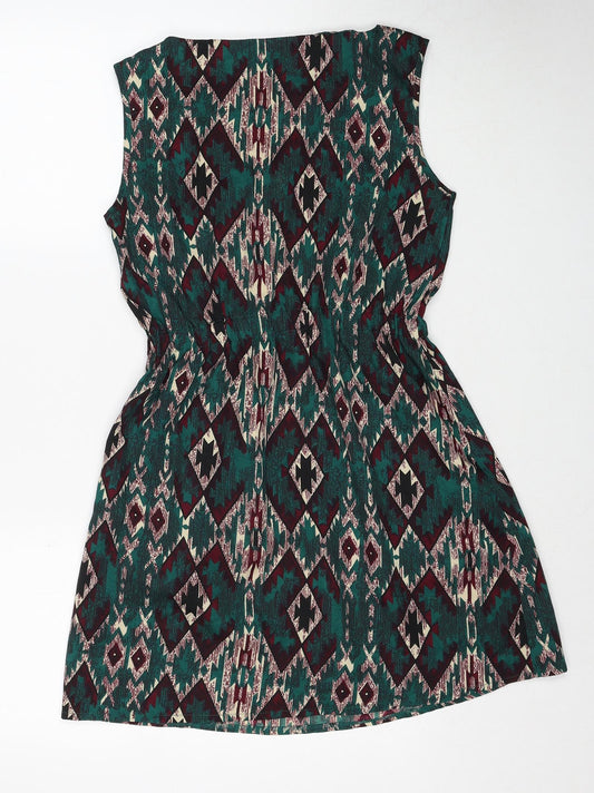 Mela London Womens Green Geometric Polyester A-Line Size 8 Round Neck Zip