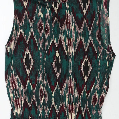 Mela London Womens Green Geometric Polyester A-Line Size 8 Round Neck Zip