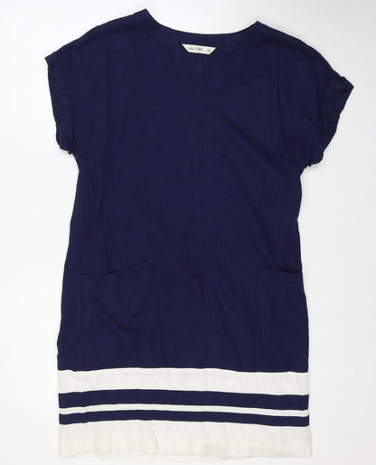 F&F Womens Blue Striped Linen A-Line Size 8 V-Neck Pullover