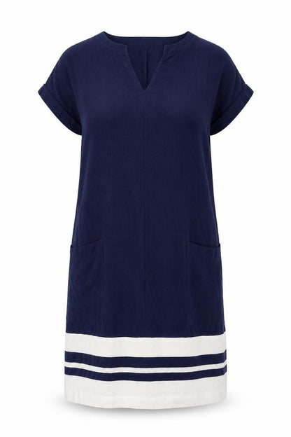 F&F Womens Blue Striped Linen A-Line Size 8 V-Neck Pullover