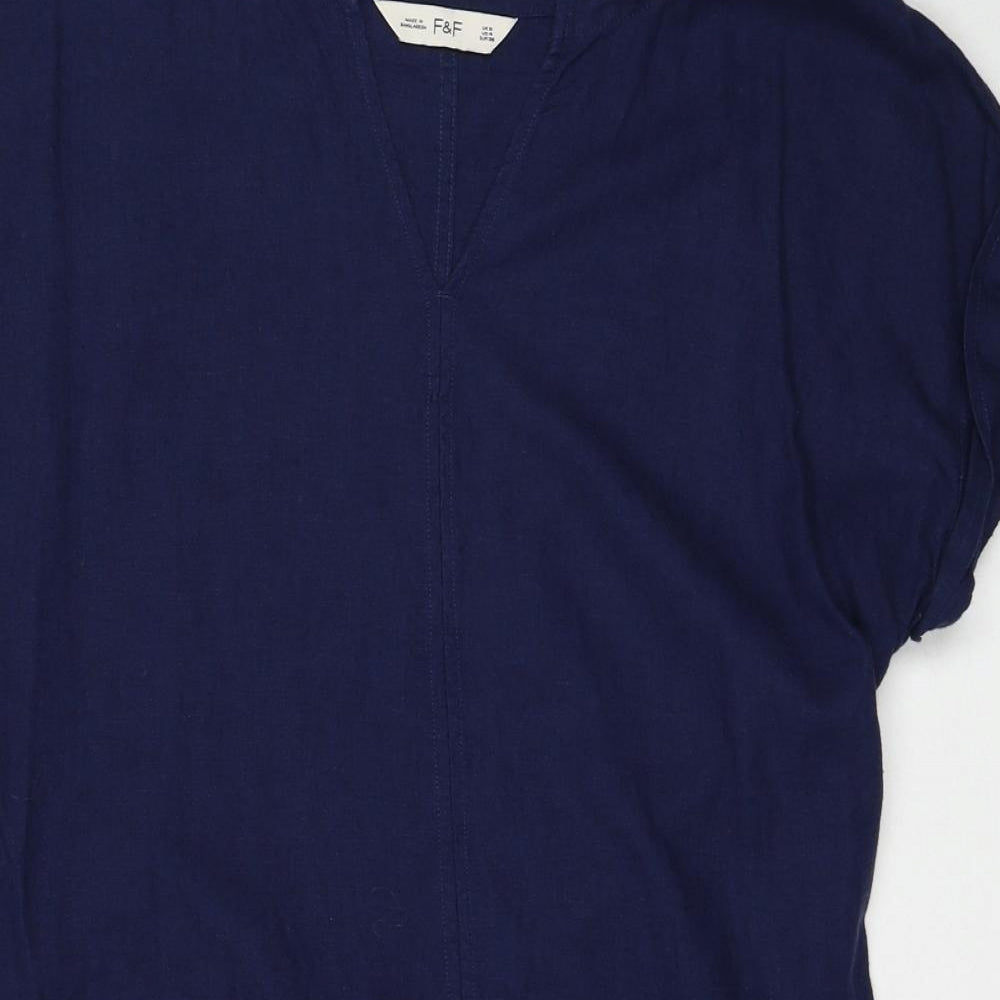 F&F Womens Blue Striped Linen A-Line Size 8 V-Neck Pullover