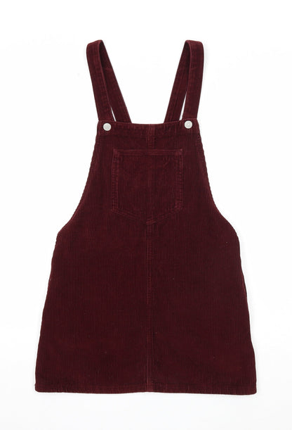 Topshop Womens Red Cotton Pinafore/Dungaree Dress Size 4 Square Neck Button