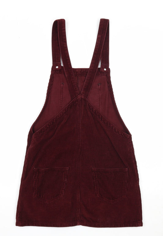 Topshop Womens Red Cotton Pinafore/Dungaree Dress Size 4 Square Neck Button