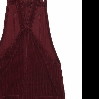 Topshop Womens Red Cotton Pinafore/Dungaree Dress Size 4 Square Neck Button