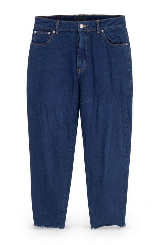 Front view of ASOS women’s blue cotton straight jeans, size UK 32, in, 28-inch leg regular zip