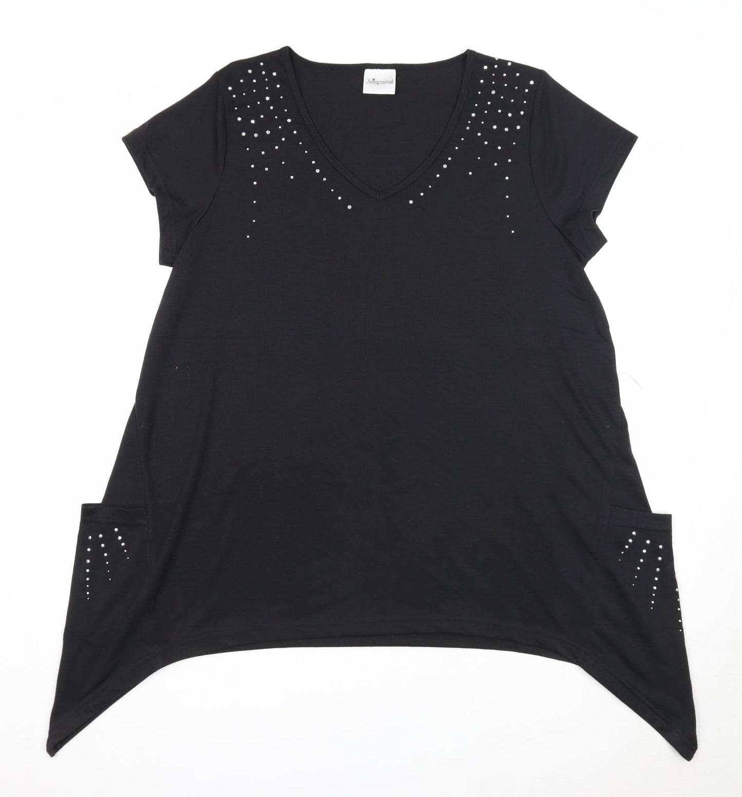 Being Casual Womens Black Polyester Basic Blouse Size 14 V-Neck