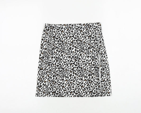 PRETTYLITTLETHING Womens White Animal Print Polyester A-Line Skirt Size 8 - Leopard Pattern